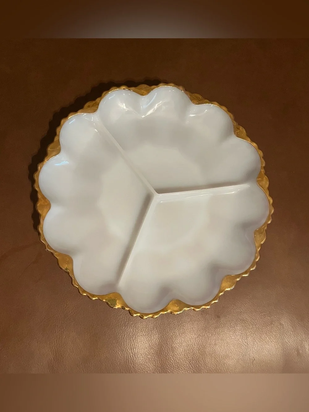 Vtg Anchor Hocking Gold Edge Milk Glass 3 Section Relish Plate